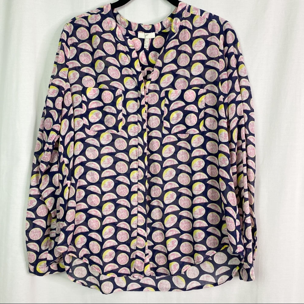 Joie Navy Blue Pink Grapefruit Print Long Sleeve Button Up Top Sm